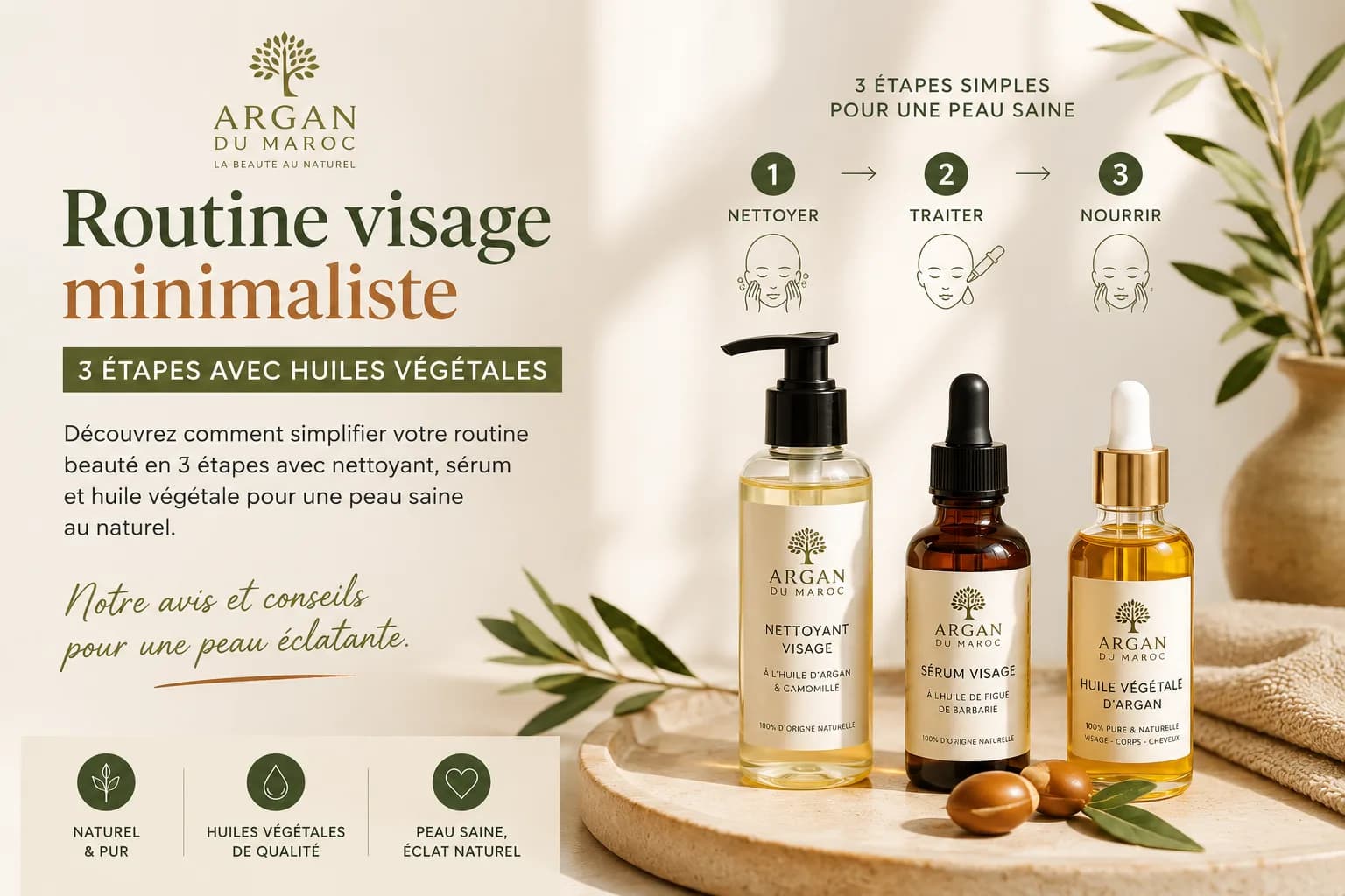 Routine visage minimaliste 3 étapes avec huiles végétales