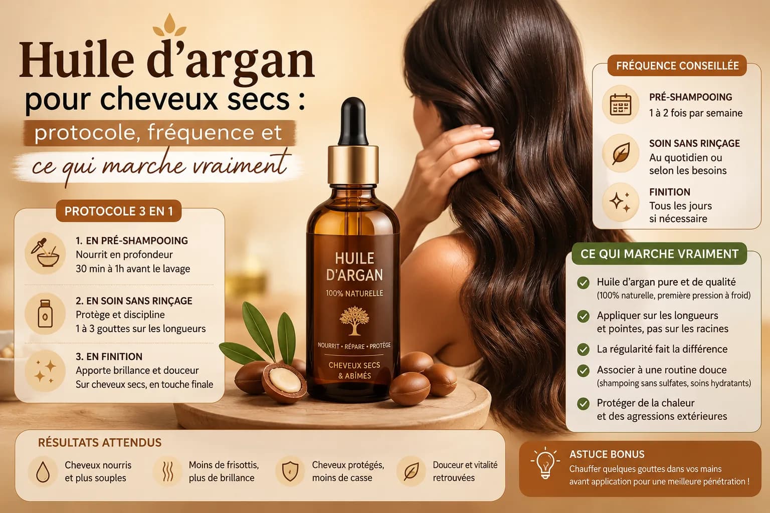Huile d'argan pour cheveux secs : protocole, fréquence et ce qui marche vraiment